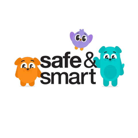 Three cartoon characters around text safe & smart: orange dog, purple bird, and blue dog with spots.