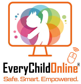 Silhouette of child raising hand inside colorful flower shape on computer screen with text Online Safe Smart Empowered.
