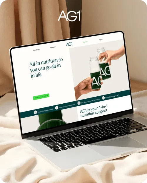 Landing page for AG1 Company - desktop view