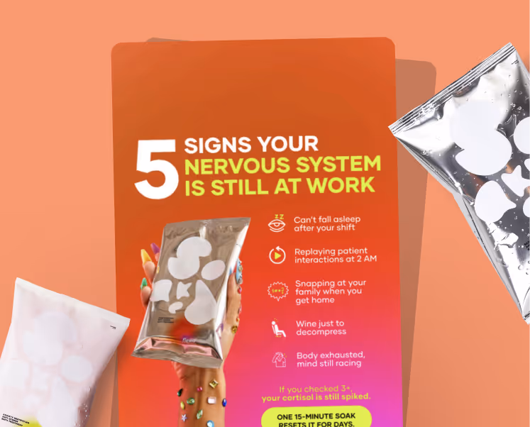 Flewd stress-soak sachet ad listing 5 signs of nervous system overload on orange-pink gradient.