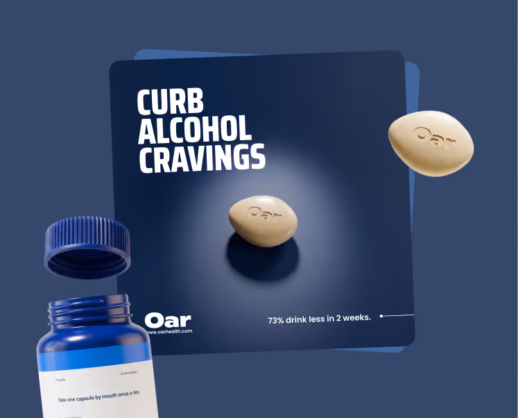 Oar Health ad with two beige capsules on navy background, headline "Curb Alcohol Cravings"