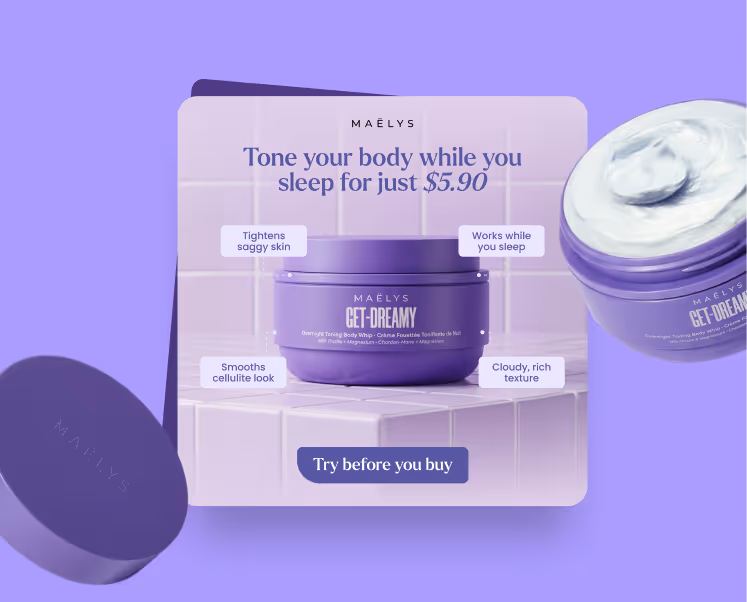Maelys GET-DREAMY body cream ad on purple background, promoting overnight body toning
