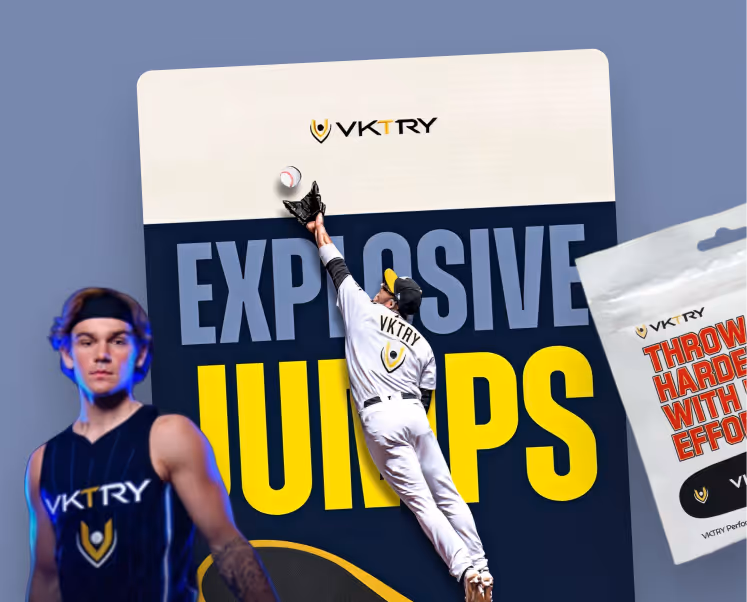 VKTRY performance insoles ad with a baseball player jumping and a young athlete in branded jersey.
