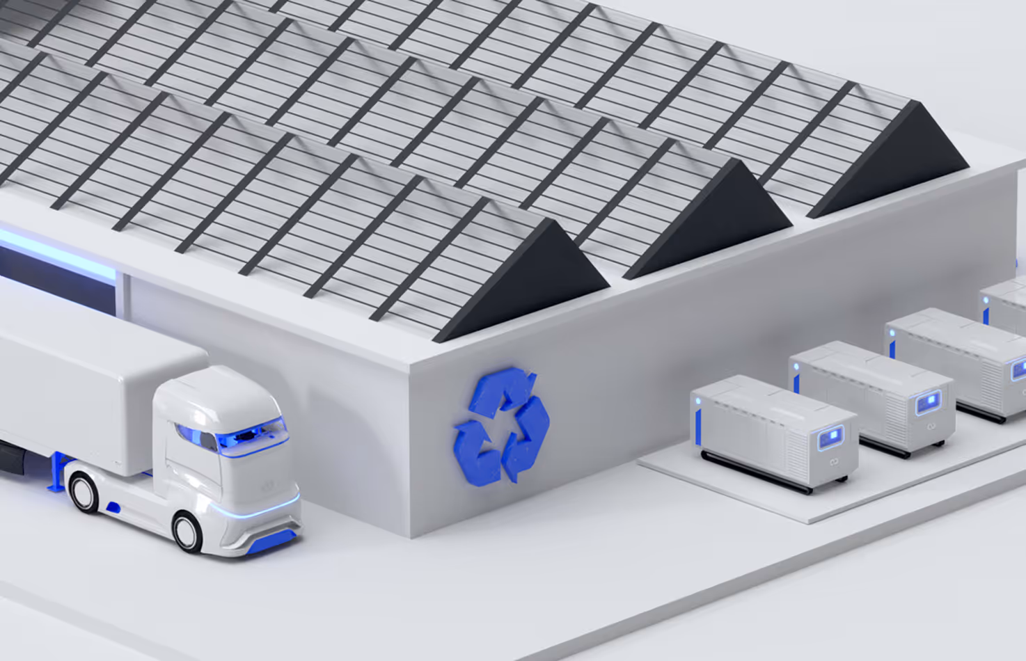 A truck is parked next to a building with a solar panel on the roof.