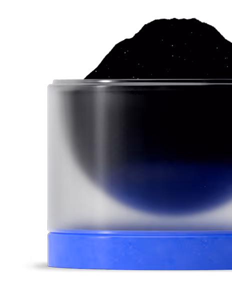 A close up of a blue and black container.