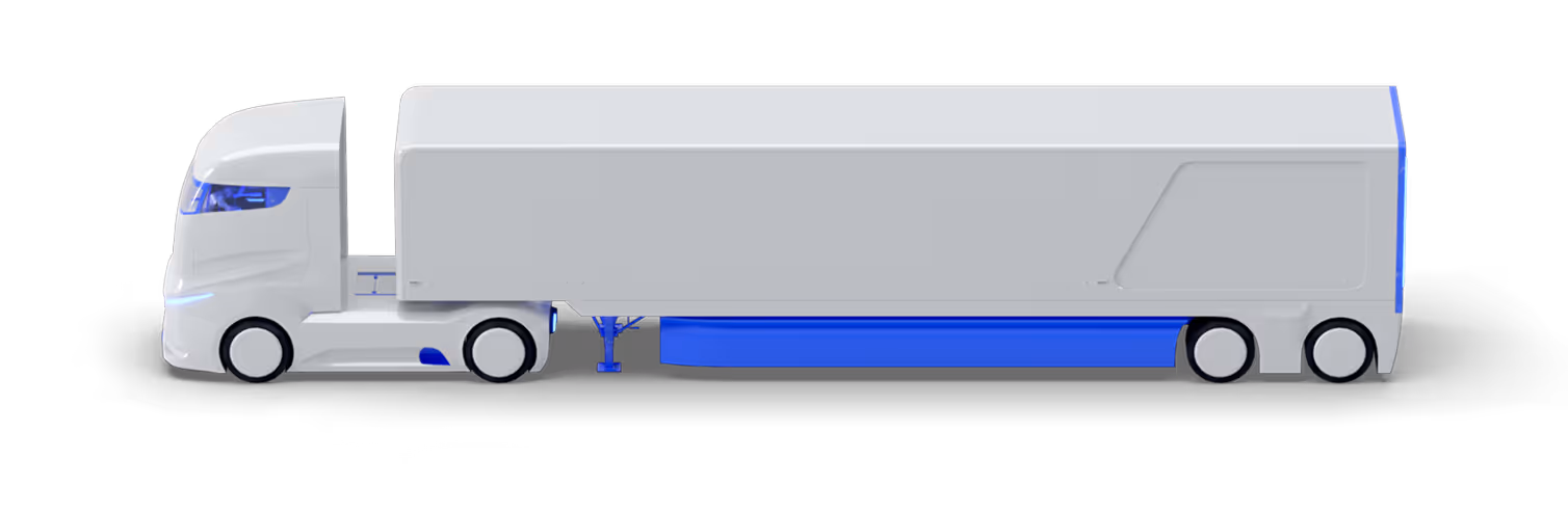 A white and blue truck on a black background.