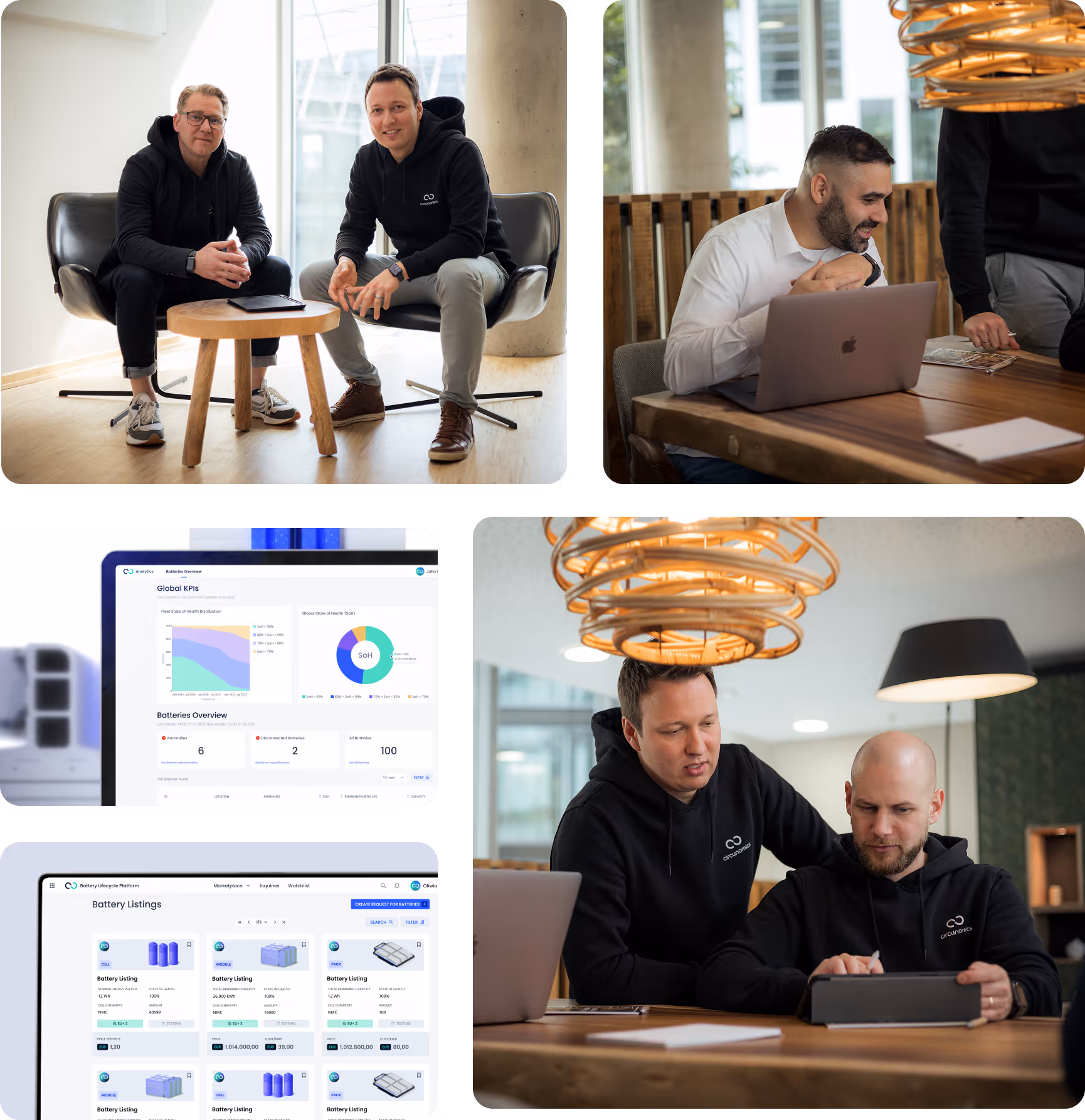 collage of app screenshots and team members
