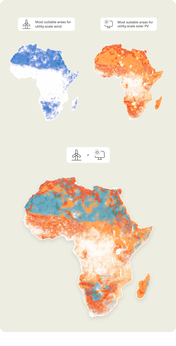 Maps of Africa Showing Wind and Solar Energy Resources and a combined map highlighting locations of colocated resources