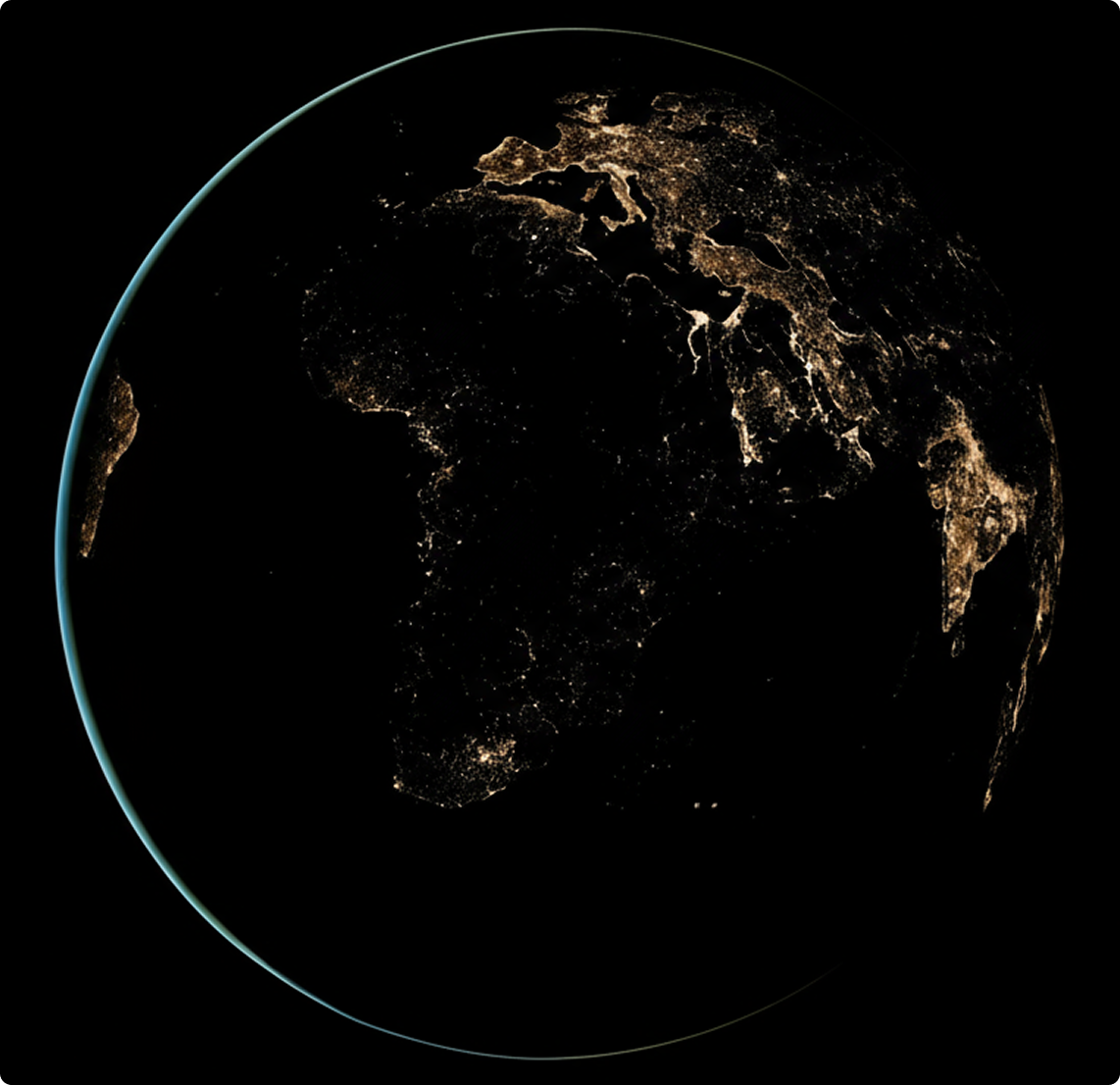 A satellite image of the earth at night centred on Africa