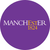 Manchester University logo with text 'MANCHESTER 1824' on a purple circular background.