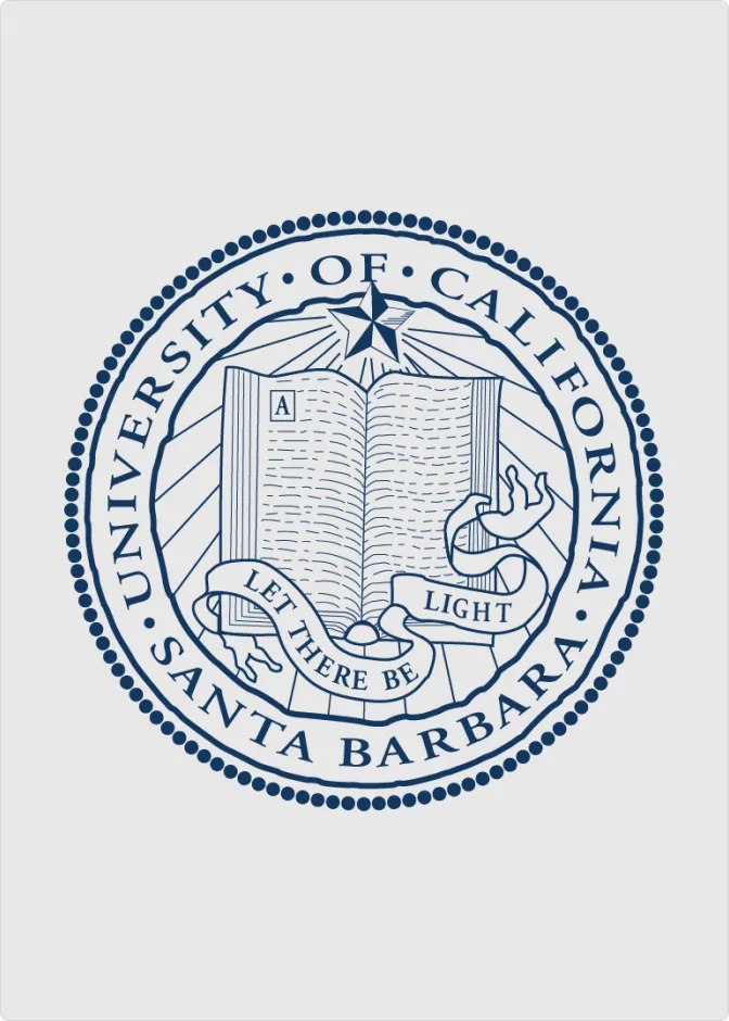 Seal of University of California Santa Barbara with an open book, a star above it, and the motto 'Let there be light' on a flowing ribbon.