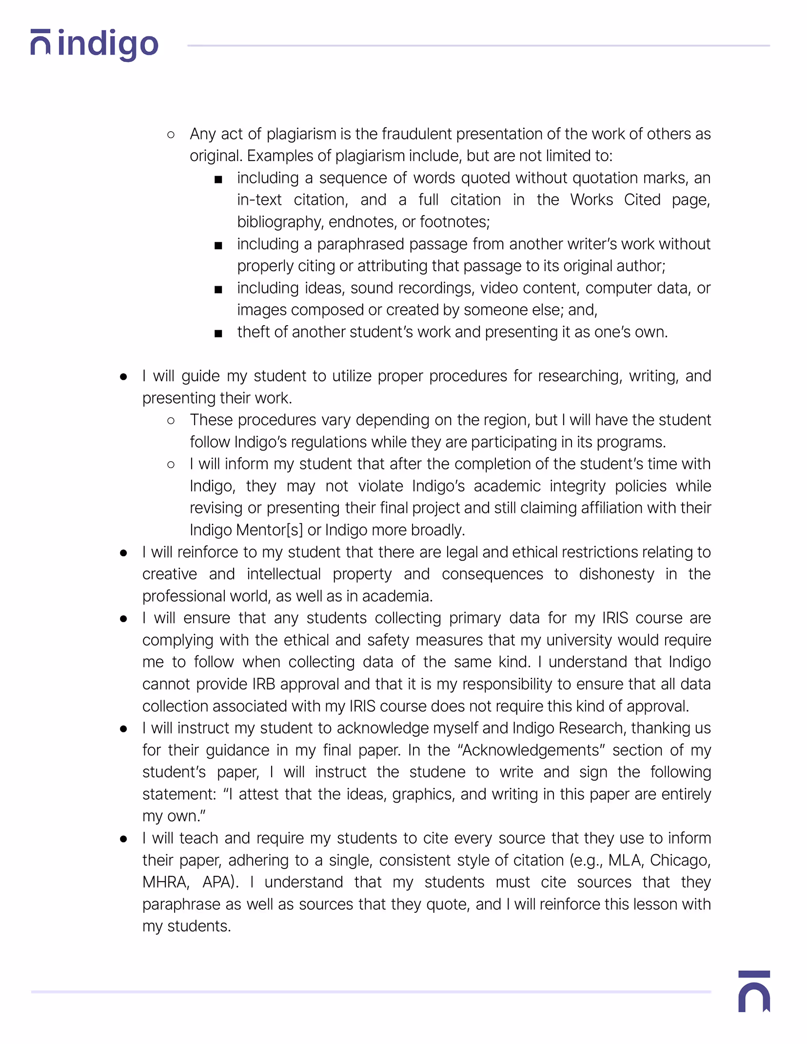 Page with Indigo logo outlining rules and procedures on plagiarism, academic integrity, data collection ethics, and citation requirements for students.
