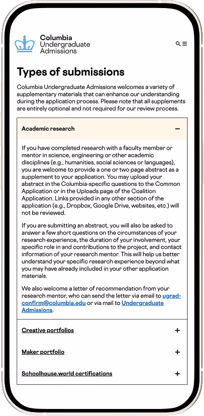Columbia Undergraduate Admissions webpage showing types of supplemental submissions for applications.