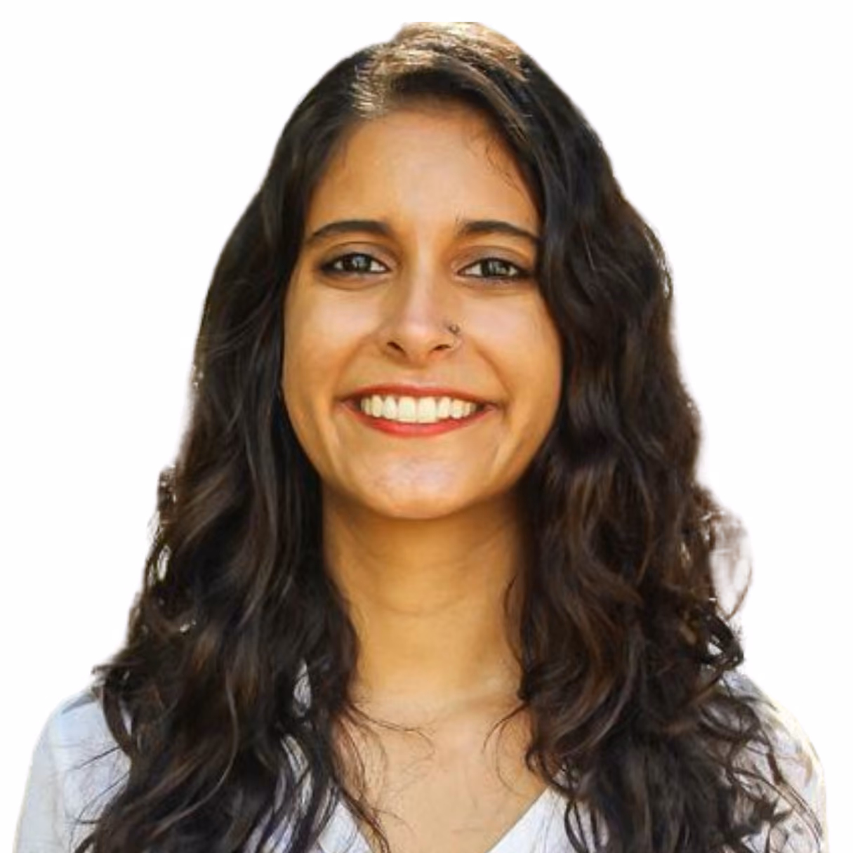 Smiling young woman with short brown hair and tortoiseshell glasses against a white background.