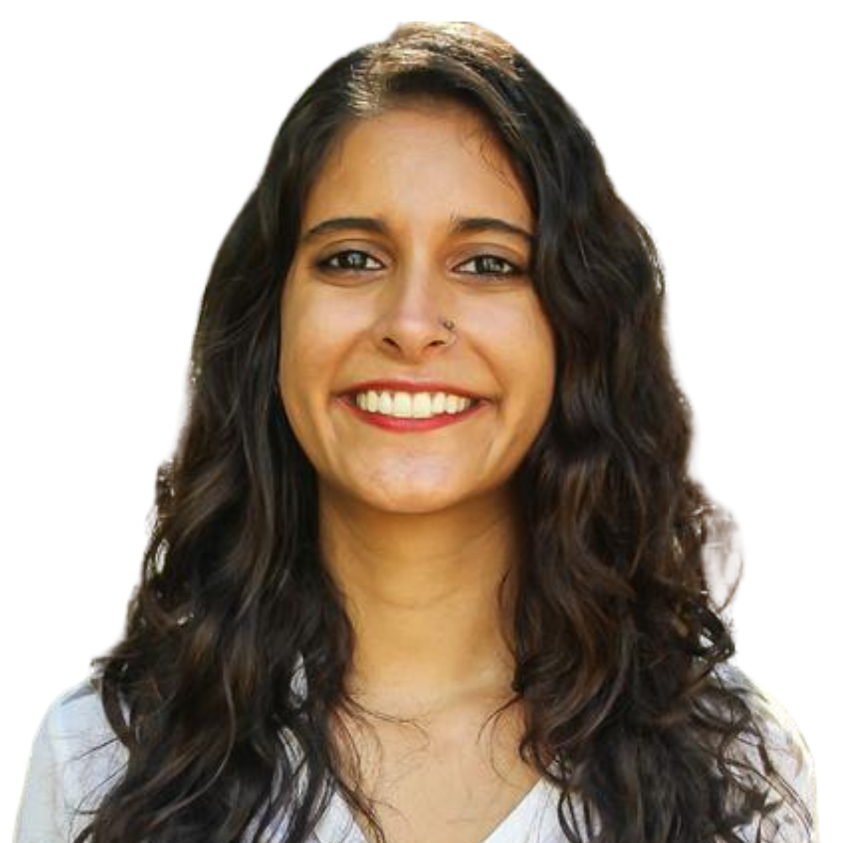 Smiling young woman with short brown hair and tortoiseshell glasses against a white background.