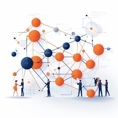 Blue and orange dots represent connected third-party vendors, each with a team of people conducting assessments.