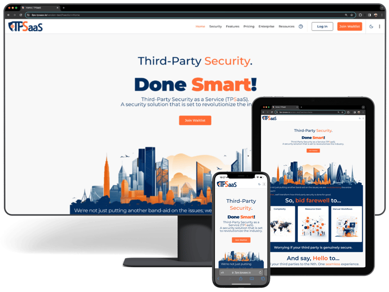 Three end user devices – an iMac, iPad, and iPhone – are displaying the homepage of TPSaaS.