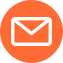 An outline of a black email on an orange circle background.
