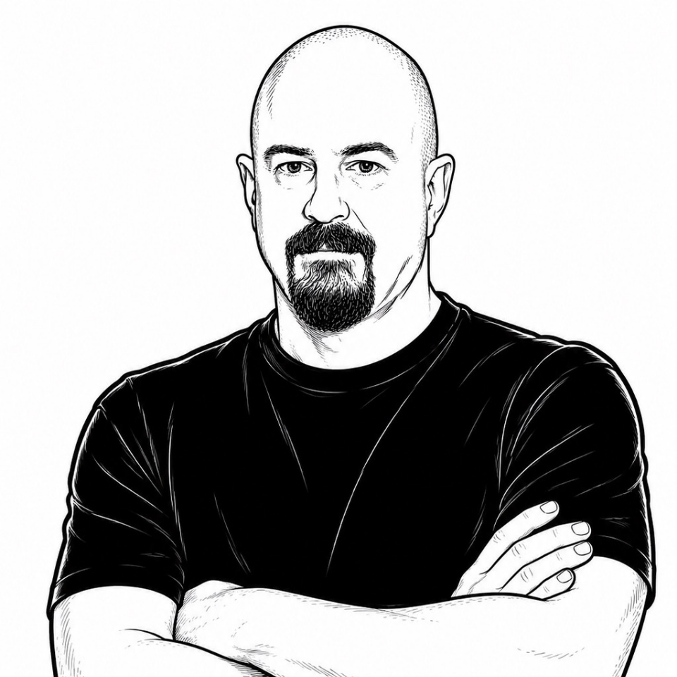 Line art drawing of TPSaaS Co-Founder & President: Black-and-white drawing of a bald man with a goatee and folded arms wearing a black t-shirt.