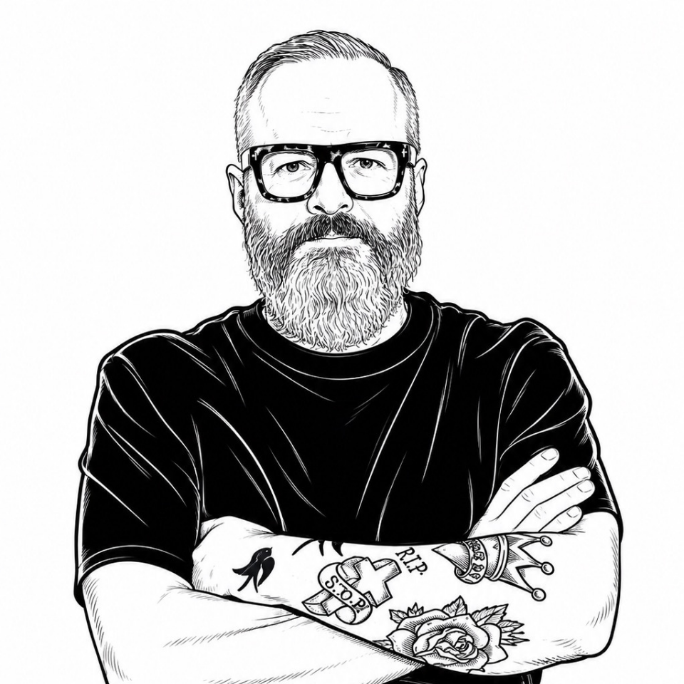 Line art drawing of TPSaaS CEO: Bearded man with glasses, black shirt, and tattoos on crossed arms including rose and crown.