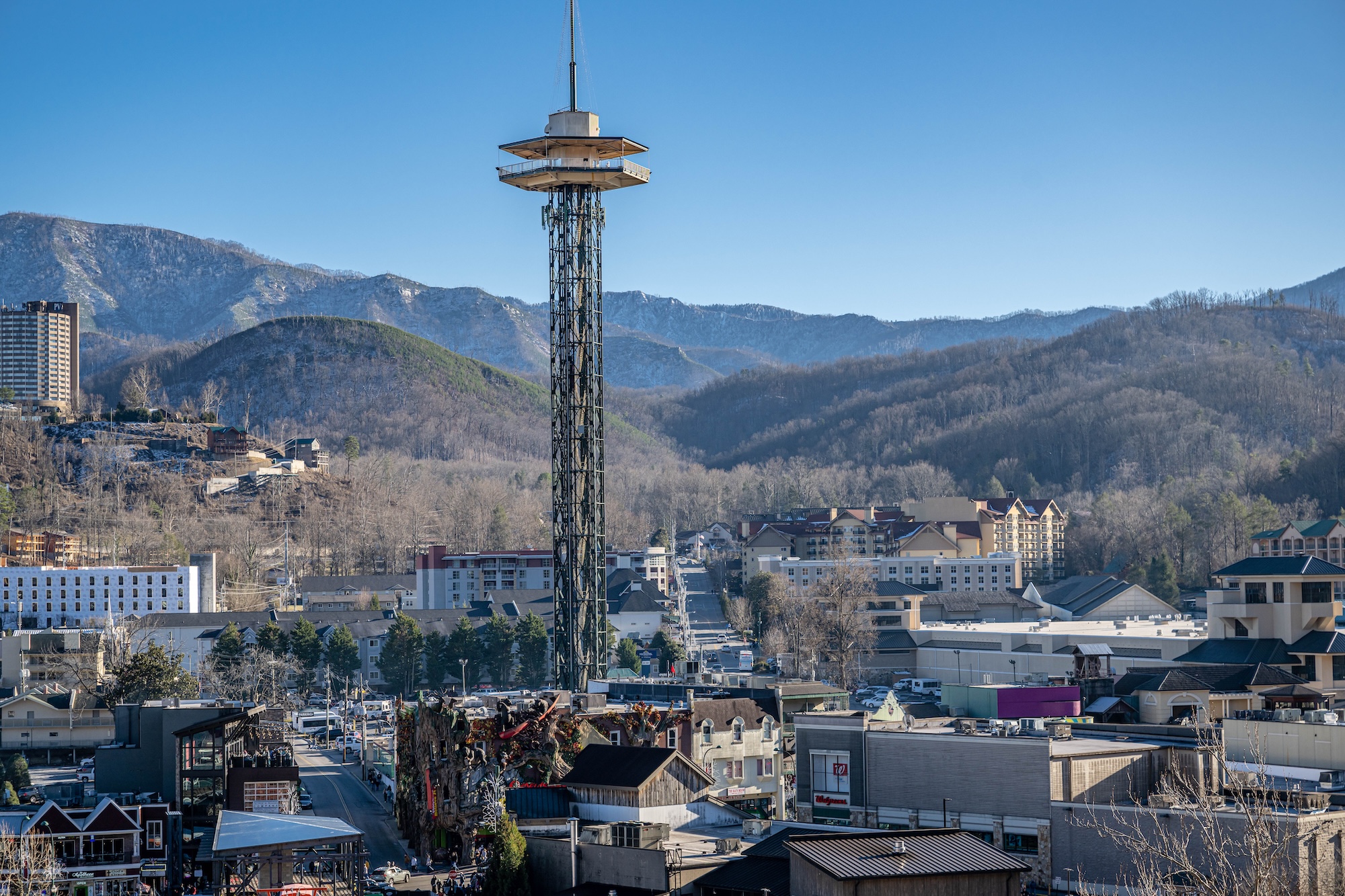 Wide landscape shot of Gatlinburg