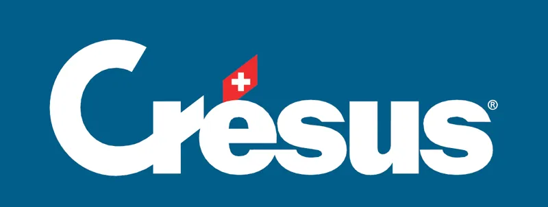 Cresus brand logo with a Swiss flag shape integrated above the letter 'e' on a blue background.