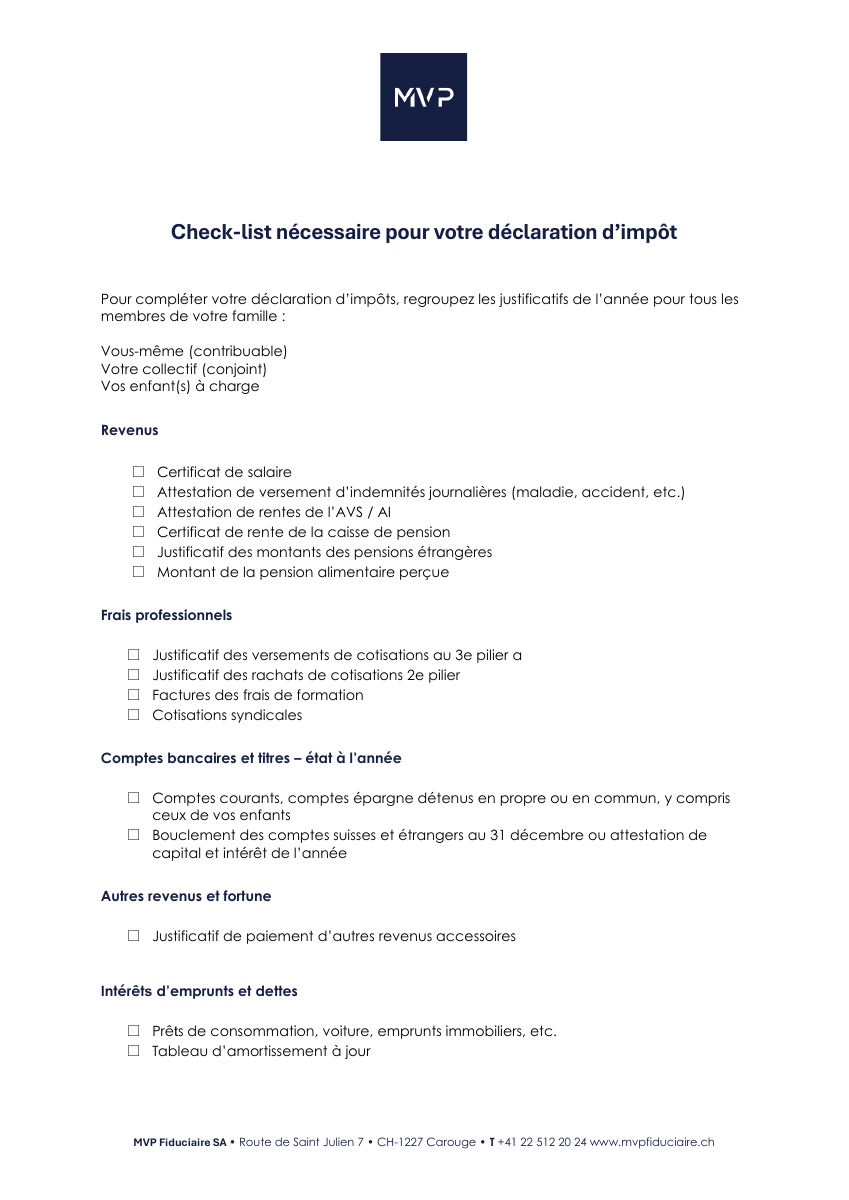 Aperçu de la première page de la checklist fiscale MVP Fiduciaire