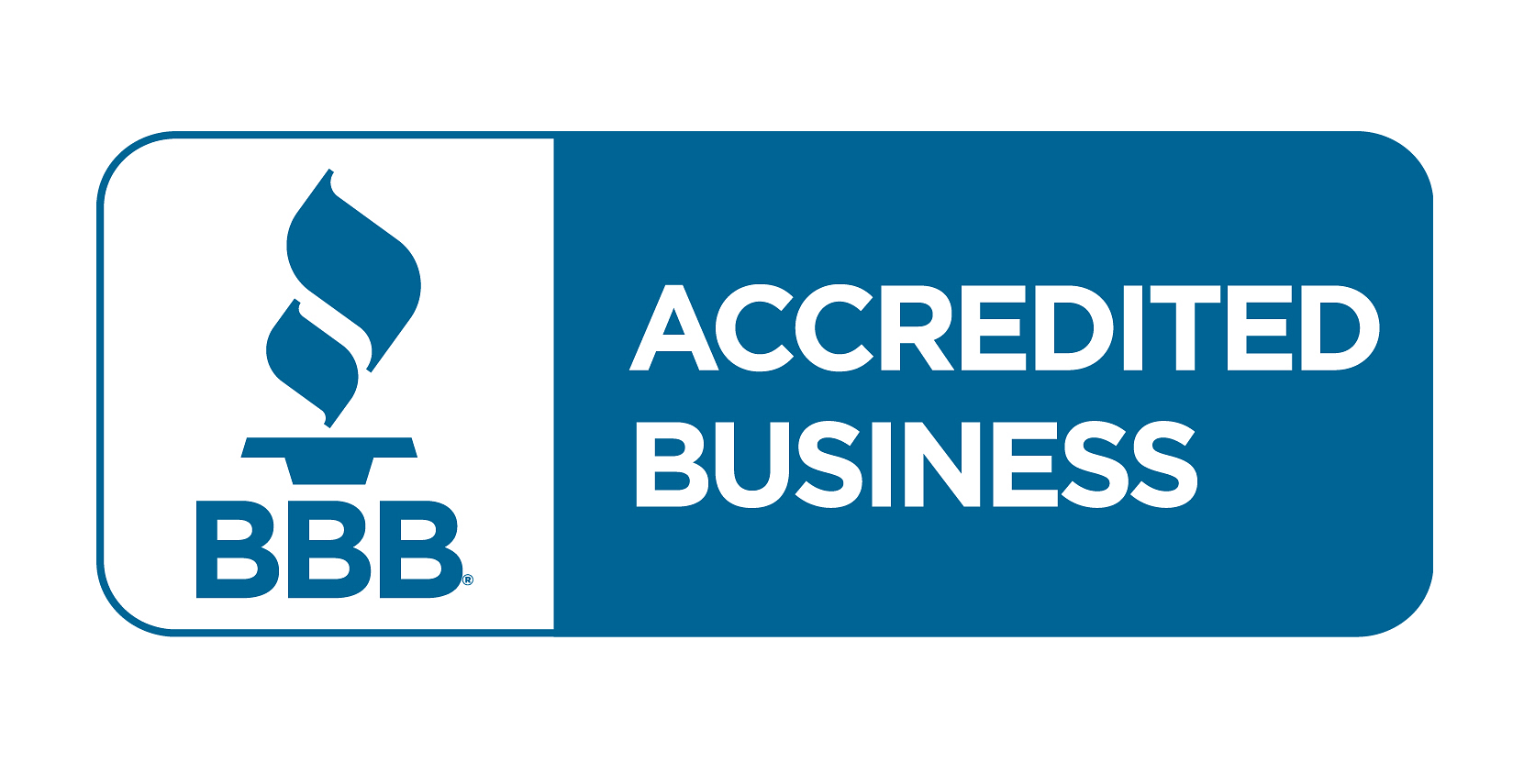 A blue and white bbb sign with the words, accreditated business.