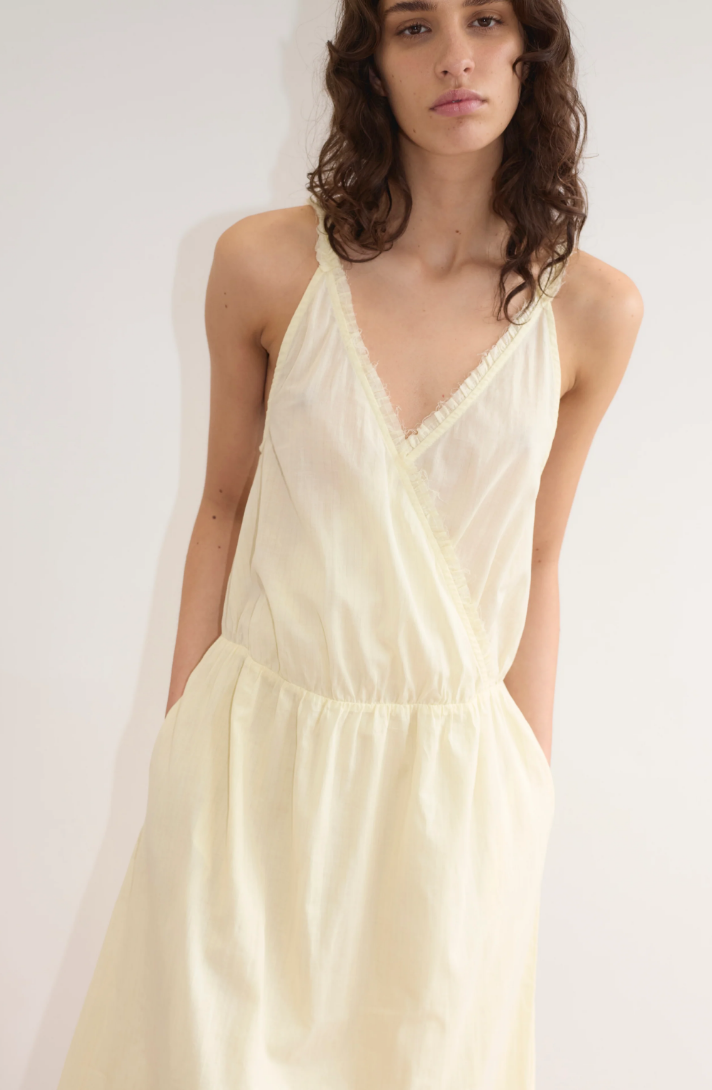 Deiji Studios — Crossed Dress in Soft Yellow Stripe