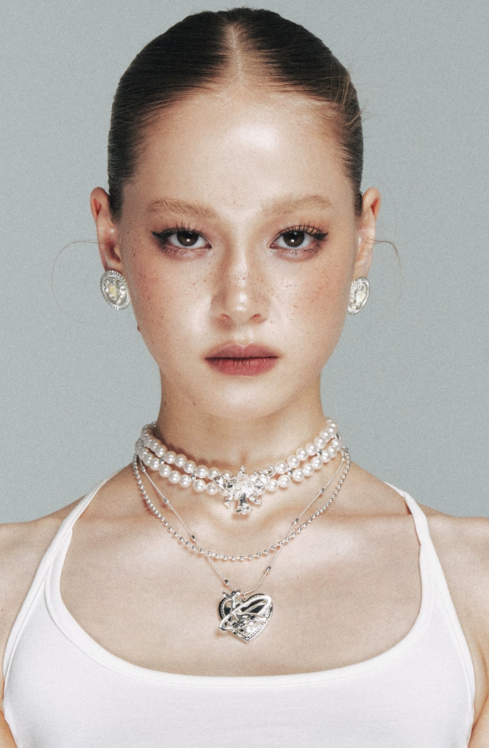 Silver Floral Pearl Layered Choker Charm Necklace