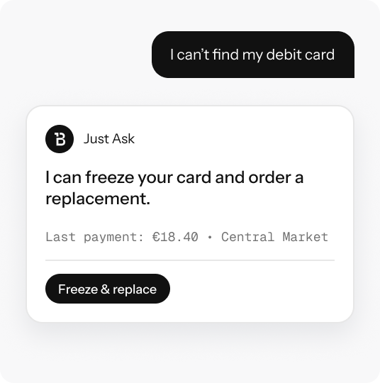 Assistant chat: a customer who can't find their debit card is offered to freeze it and order a replacement