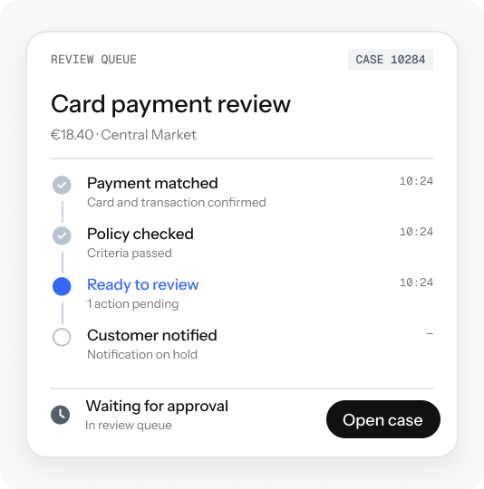 Review queue for a card payment: payment matched, policy checked, ready to review, customer notification on hold