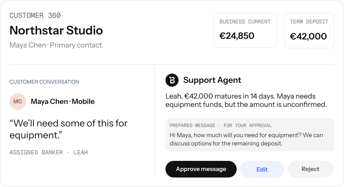 Employee workspace: a Customer 360 view of Northstar Studio, a customer conversation and a support agent's prepared message awaiting banker approval