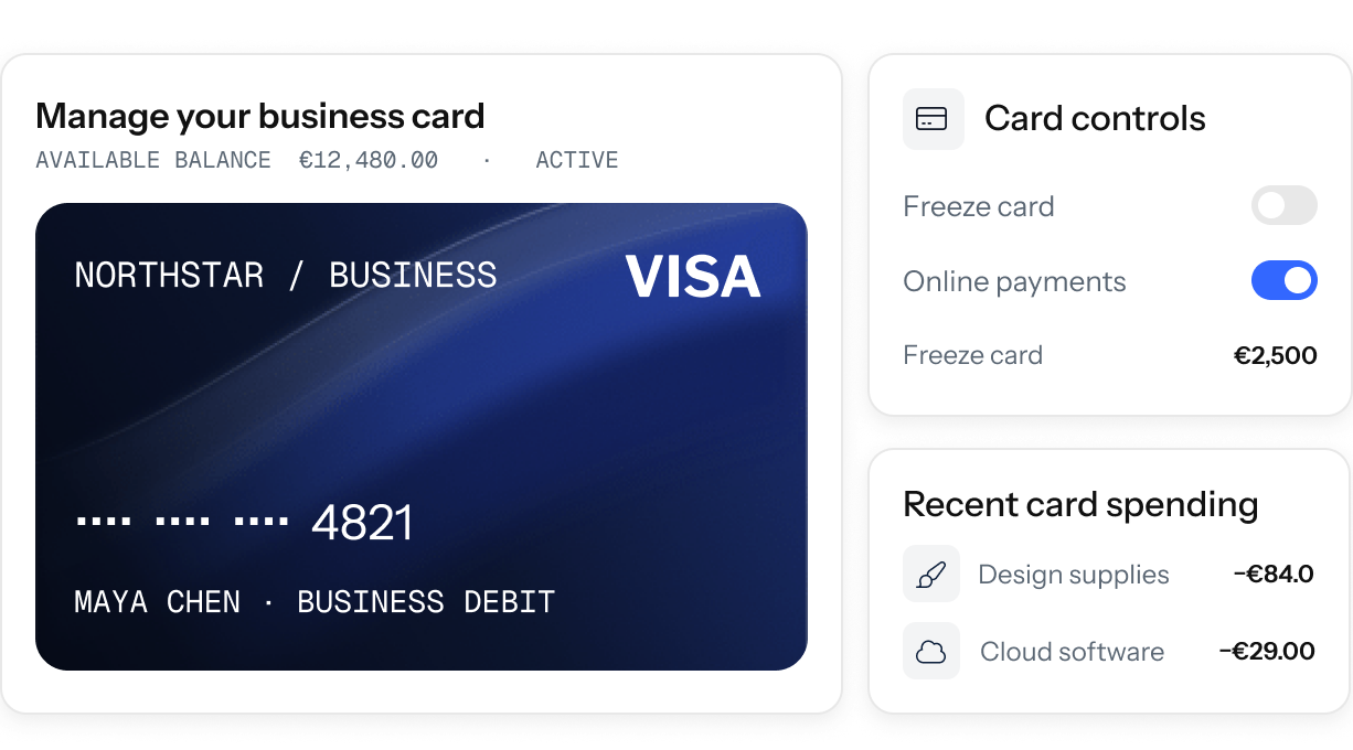 Business card management: available balance, a Northstar business debit card, card controls and recent card spending