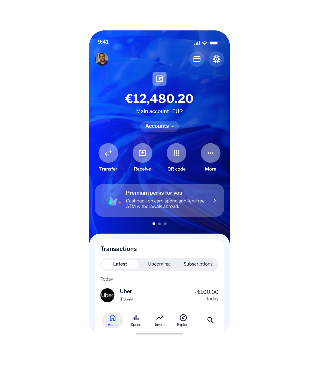 Mobile banking app home screen with a €12,480.20 main account balance, quick actions and the latest transactions