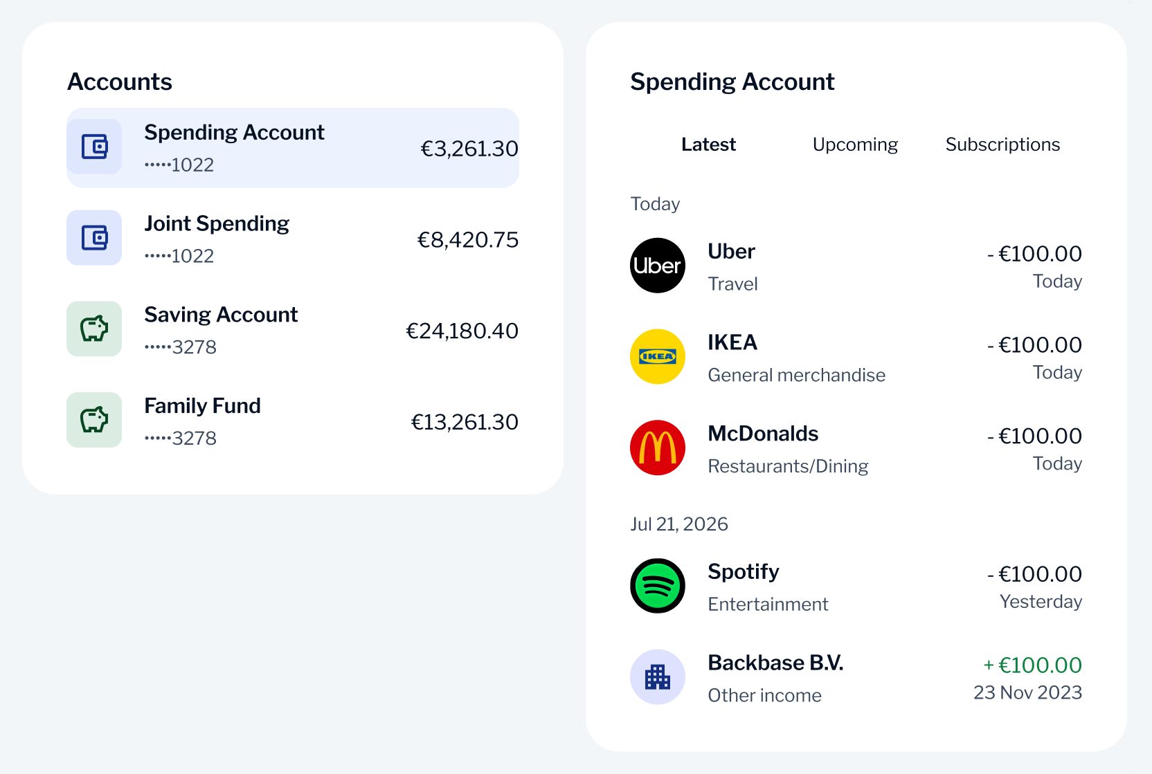 Accounts list with four balances beside a spending account's latest transactions
