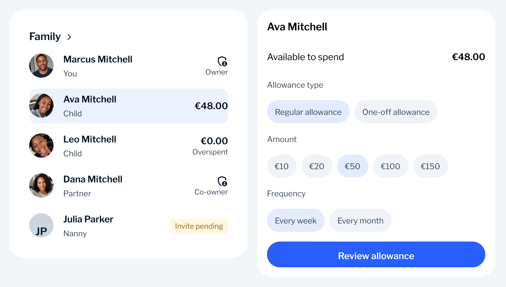 Family members with roles and balances beside an allowance form for Ava