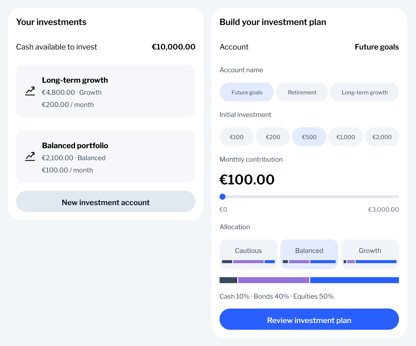Two investment portfolios beside an investment plan with amounts and allocation