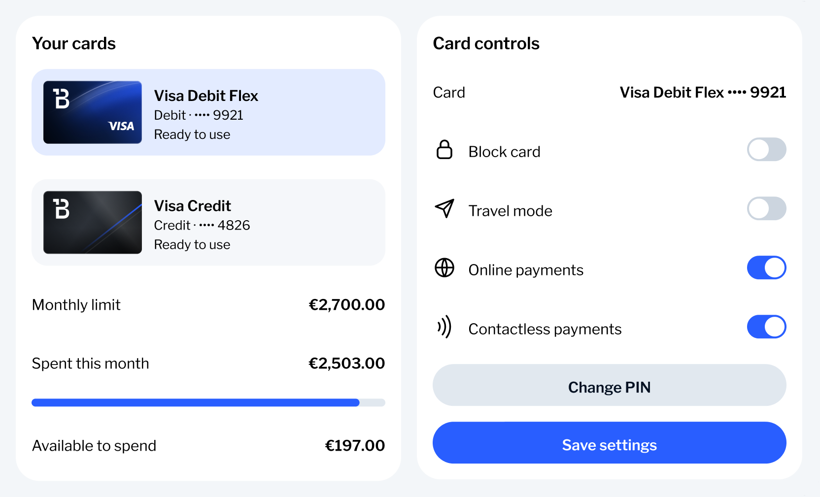 Two payment cards with a monthly limit beside card controls for blocking, travel mode and payments