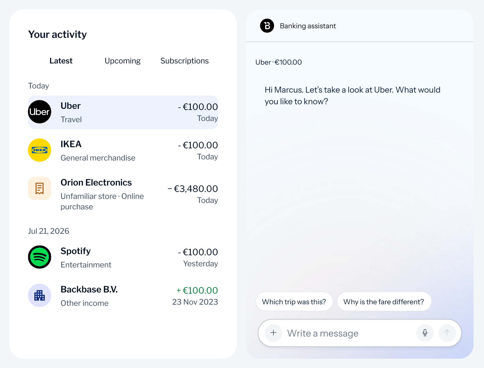 Recent transactions with an unfamiliar purchase beside a banking assistant chat