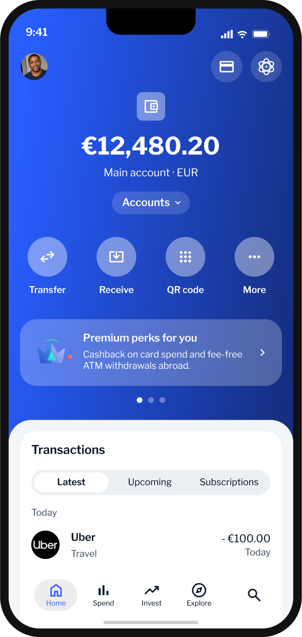Mobile banking app home screen with a €12,480.20 main account balance, quick actions and the latest transactions