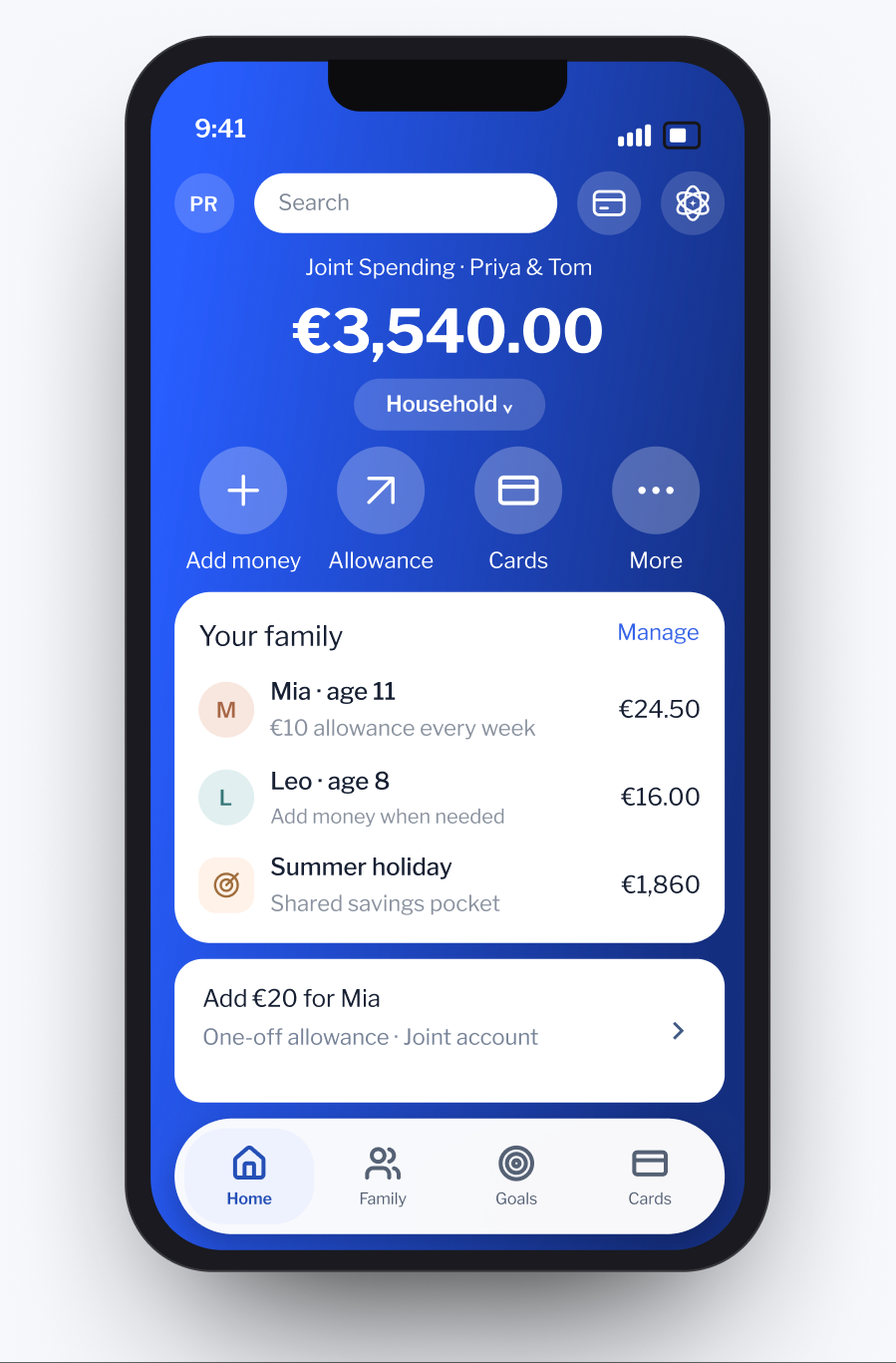 Family banking app showing a joint account, children’s balances and shared savings