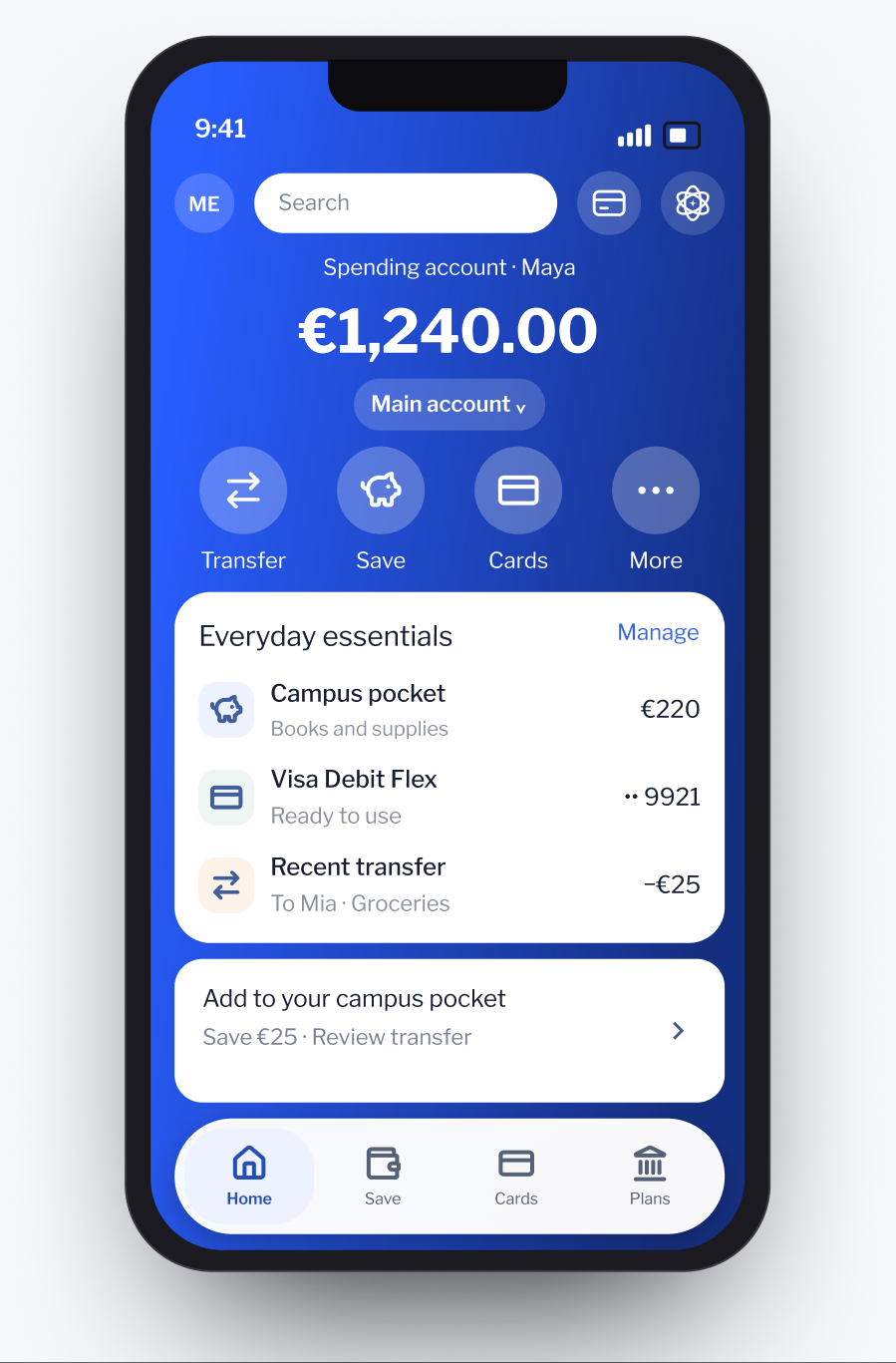 Student banking app showing a spending account, a campus pocket and a debit card