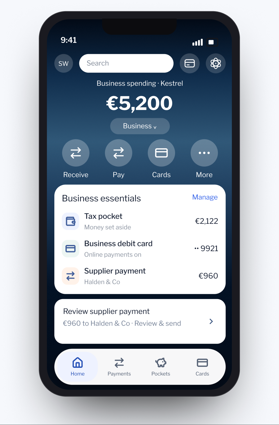 Small business banking app showing the business balance, a tax pocket and supplier payments