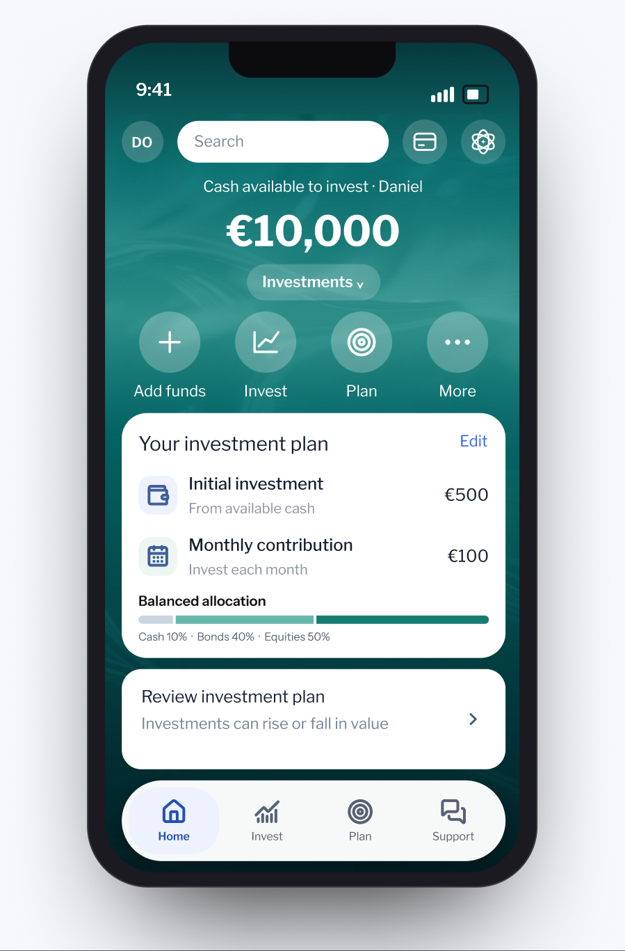 Investor banking app showing available cash, an investment plan and its allocation
