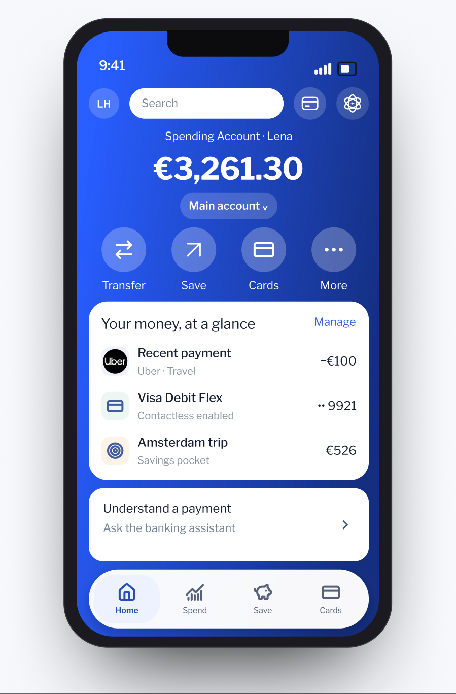 Everyday banking app showing the balance, recent payments and savings