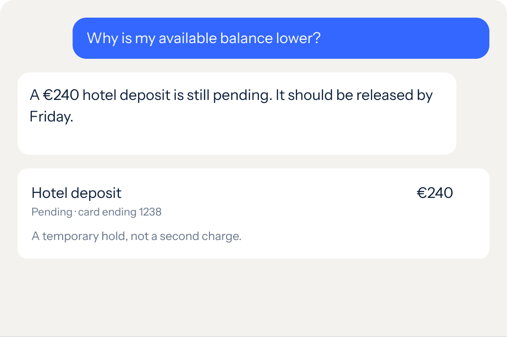 Chat assistant explaining a pending €240 hotel deposit to a customer