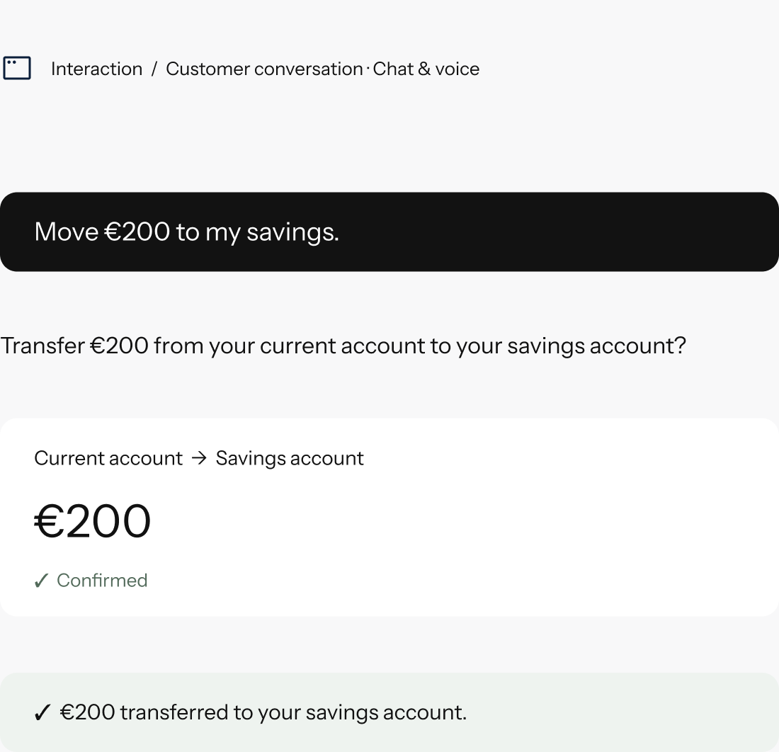 Customer asks to move €200 to savings and the assistant confirms the transfer