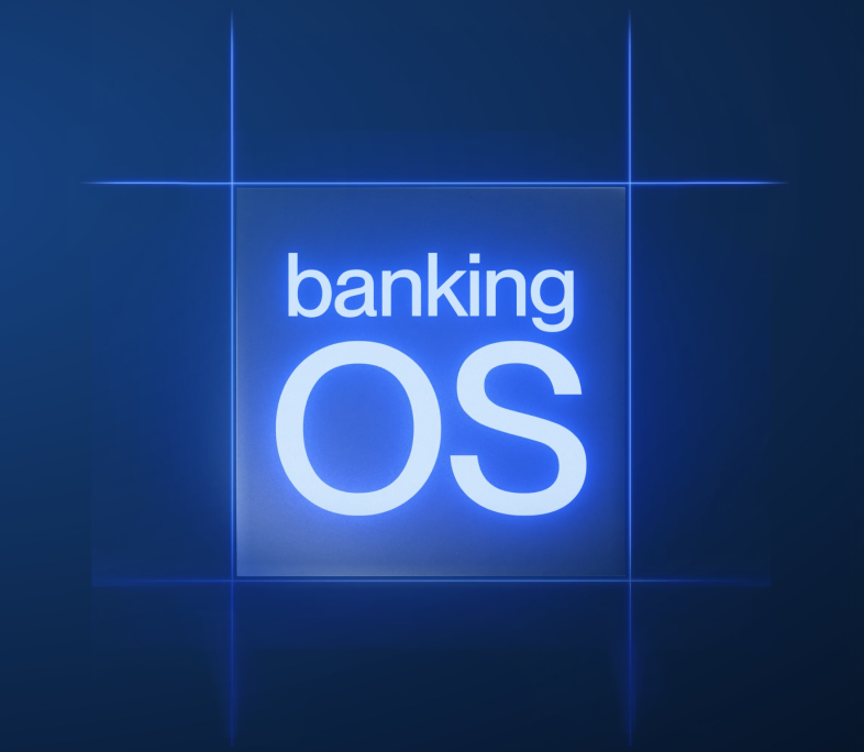 The Banking OS mark, lit in blue on a grid of light lines
