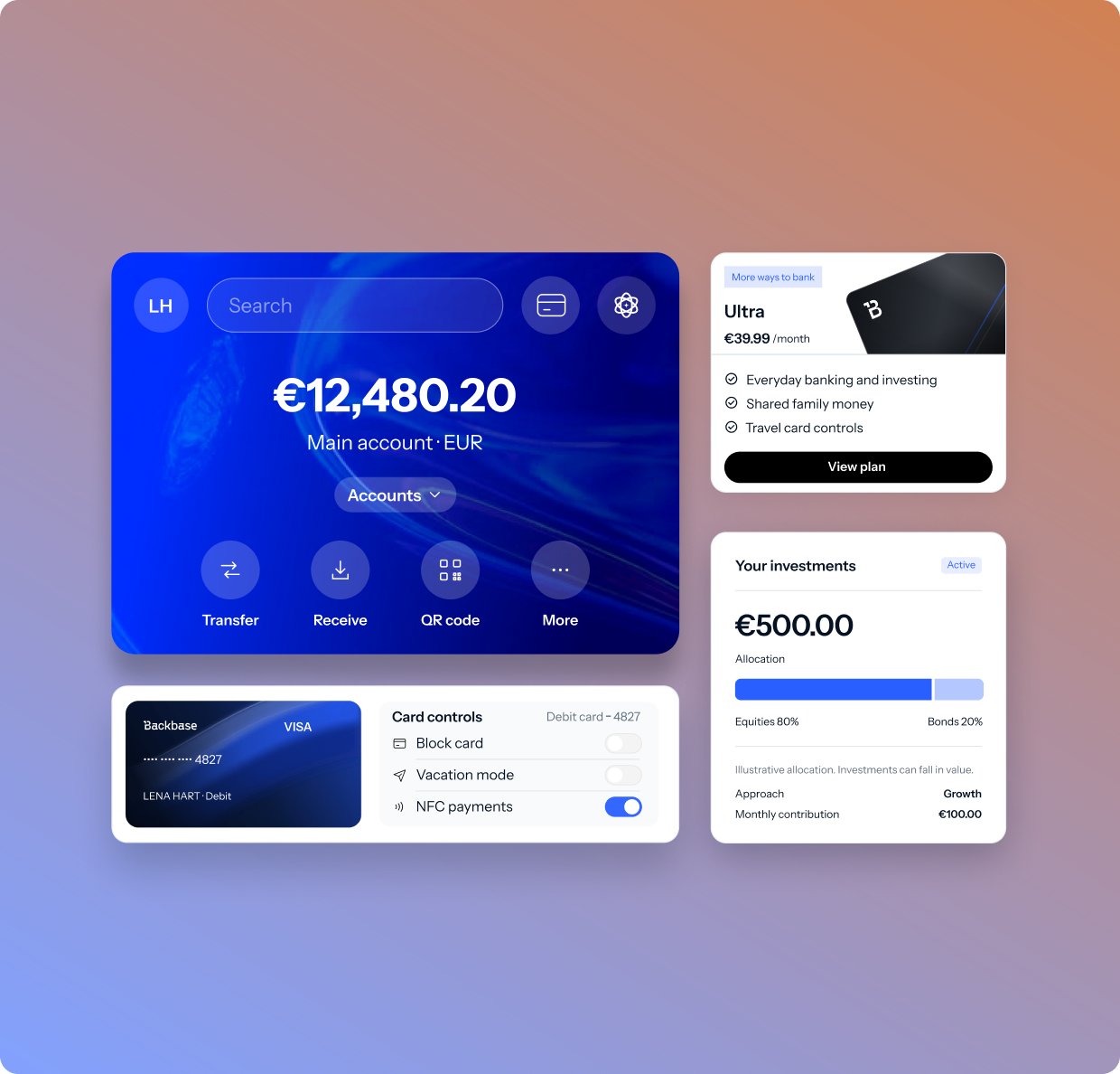 Digital Banking app screens: account balance with payment actions, debit card controls, an Ultra plan offer and an investment portfolio